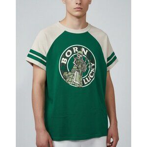St Patricks Day Born Lucky Skeleton Bagpiper Green & White Raglan T-Shirt Size M